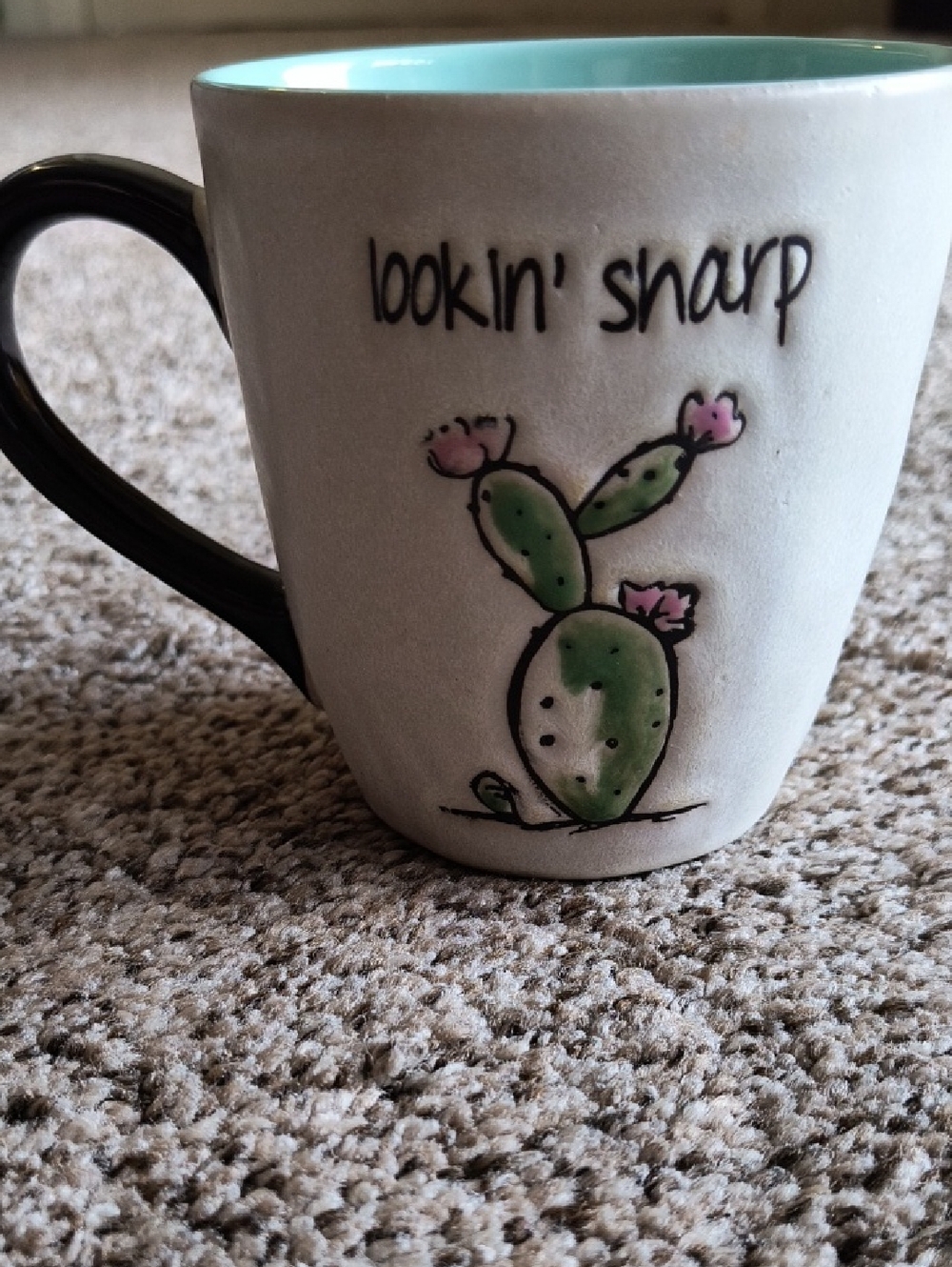 Cracker Barrel White Mug with Green Cactus and Pink Blooms